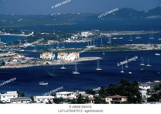 View over Simpson Bay Lagoon. Houses. Boats. St Maarten/ St Martin