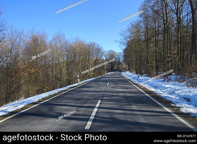 Country Road through Forest in Winter, Hesselbach, Odenwald, Hesse, Germany, Europe