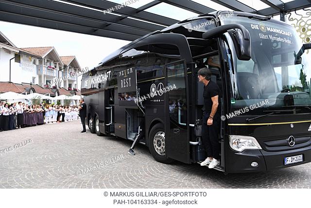 The team bus drives to the hotel, federal coach Joachim Jogi Loew (Germany) gets out. Arrival at Hotel Winnegg Girlan / Appiano