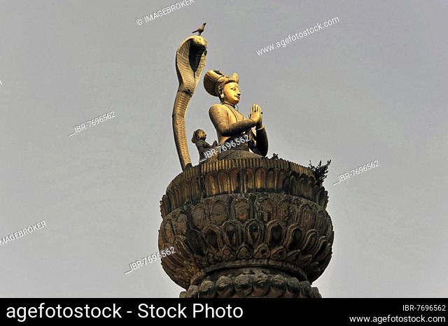 Statue of King Yoganarendra Malla with snake and bird, Patan Kathmandu, Kathmandu Valley, Nepal, Asia