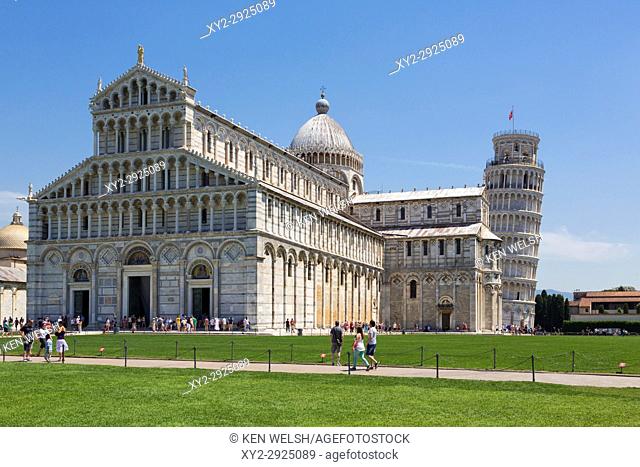 Pisa, Pisa Province, Tuscany, Italy. Campo dei Miracoli, or Field of Miracles. Also known as the Piazza del Duomo. The cathedral, or Duomo