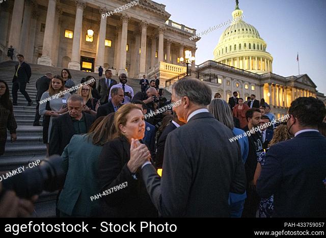 Adi Marciano, left, talks with United States Representative French Hill (Republican of Arkansas) as Congressional Members are joined by family members of...