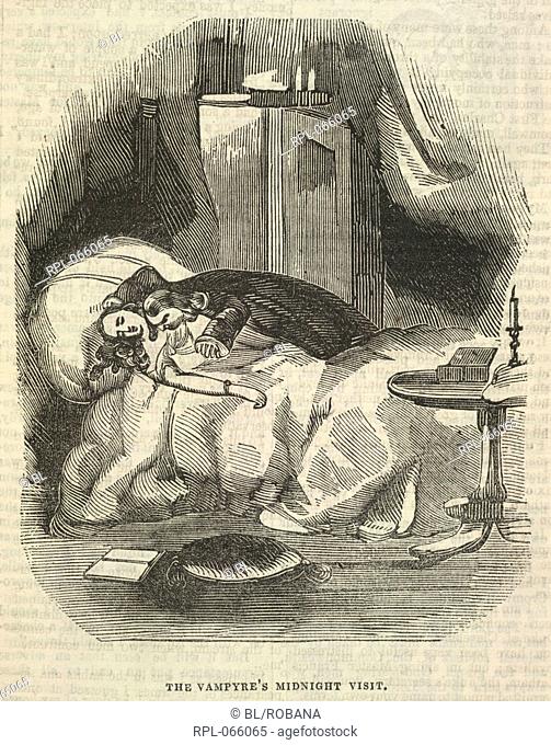 Midnight visit, 'The vamprye's midnight visit'. A vampire sucks the blood of a sleeping woman. Image taken from Varney the Vampyre, or, the Feast of blood