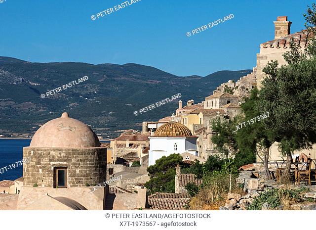 Looking across the old Byzantine town of Monemvasia, Lakonia, Southern Peloponnese, Greece