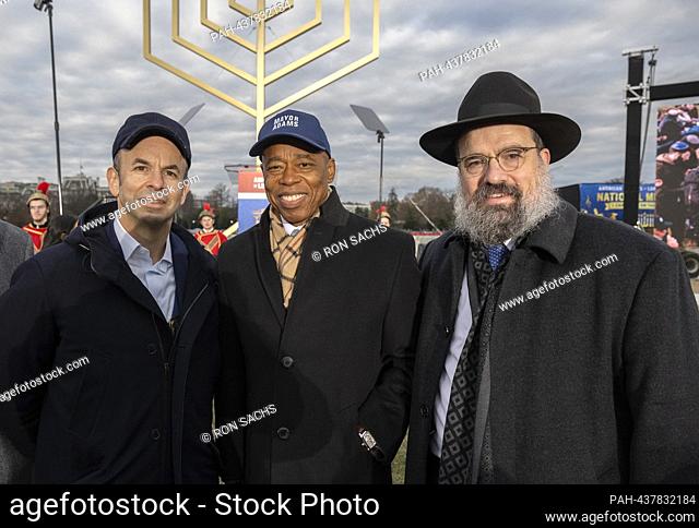 Mayor Eric Adams (Democrat of New York, New York) , center, attends the Grand Lighting ceremony of the National Menorah sponsored by the American Friends of...