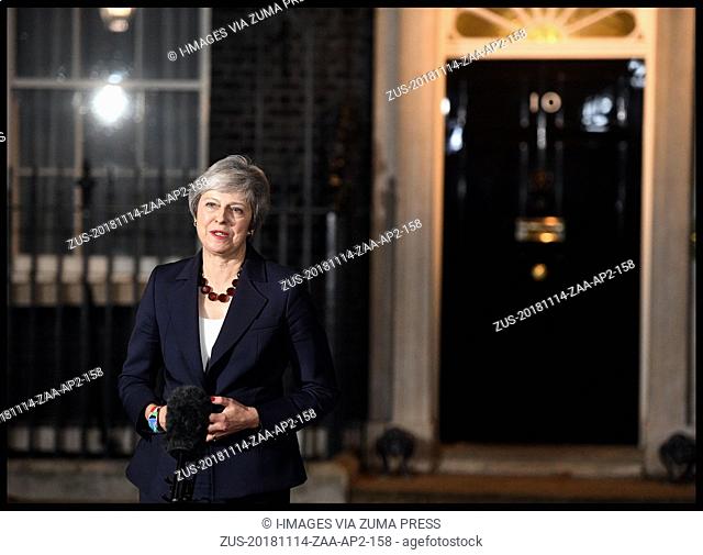 November 14, 2018 - London, London, United Kingdom - Theresa May Brexit Statement. The Prime Minister Theresa May makes a statement in Downing Street following...
