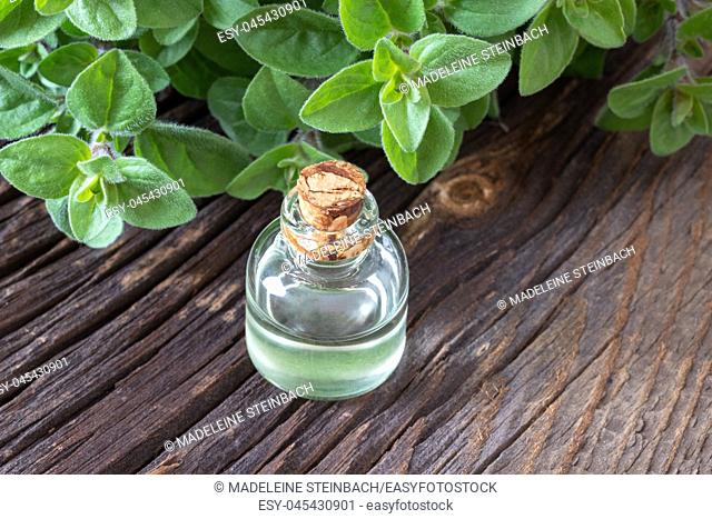 A bottle of essential oil with fresh oregano twigs