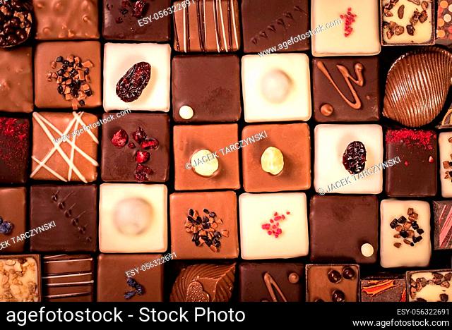Assortment of fine chocolate candies, white, dark and milk chocolate