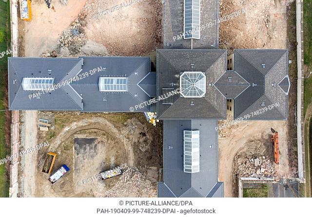 09 April 2019, Saxony, Chemnitz: The demolition work around the former Kaßberg prison is in full swing (recorded with a drone)