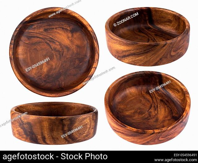 Collection of empty wooden bowls isolated on white background with clipping path