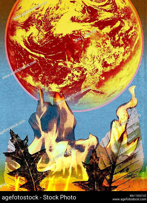 Leaves burning below global warming planet