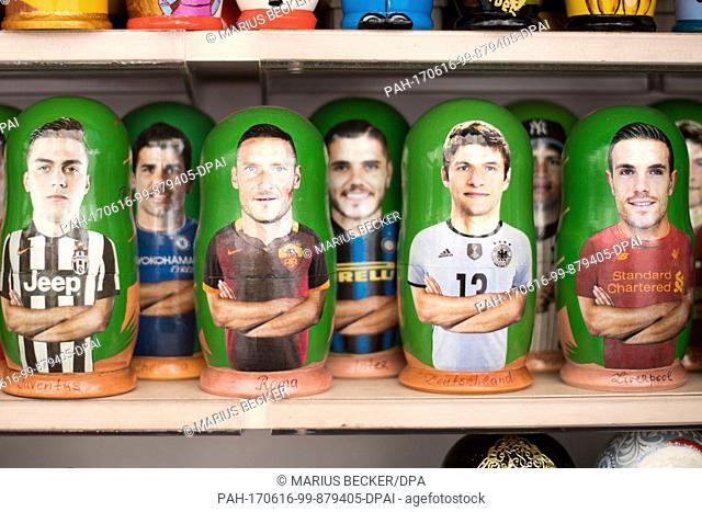 Matryoshkas with soccer players, among which is included the German player Thomas Muller, on offer in Saint Petersburg, Russia, 16 June 2017