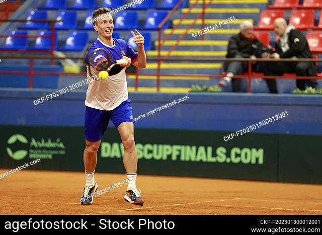 Tennis player Jiri Lehecka of Czech team in action during the training session prior to the Davis Cup tennis tournament qualification against Portugal in Porto