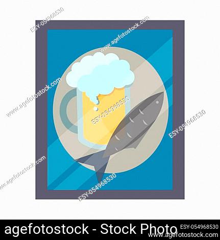 A poster in a frame and glass with a glare for a bar in a flat style. Beer with high froth and whole fish. Vector illustration. Alcohol snack concept