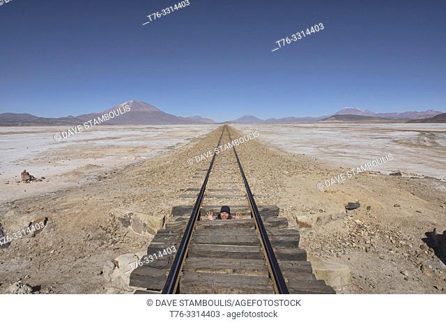 Train tracks stretching to infinity, Salar de Uyuni, Bolivia