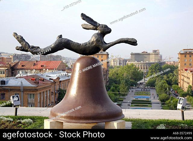 Barry Flanagan ''Hare on Bell'', 1983. Bronze, brown and black patina, 138 x 111 7/8 x 75 ¼ inches. A view of Yerevan in the morning from Cascade park