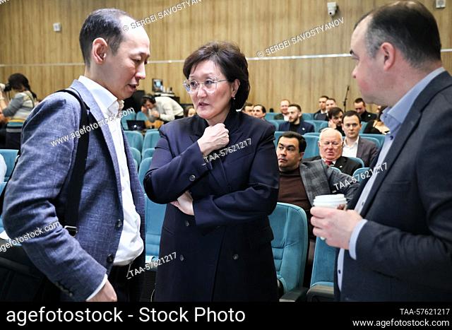 RUSSIA, MOSCOW - MARCH 1, 2023: New People Party deputy head Sardana Avksentyeva (C) attends a conference on results of three years of the party's work and...