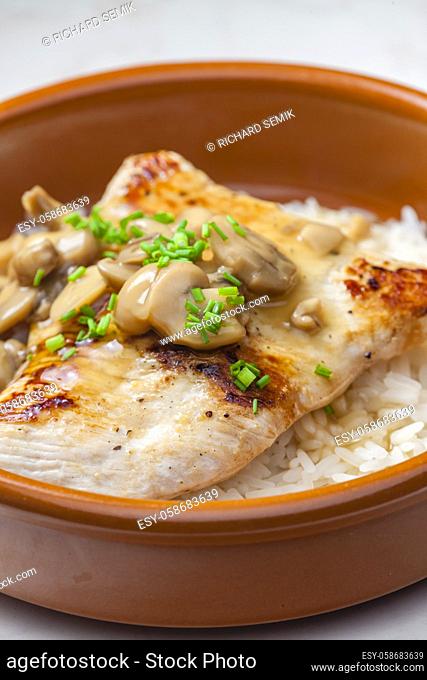 grilled turkey fillet with mushroom sauce and rice