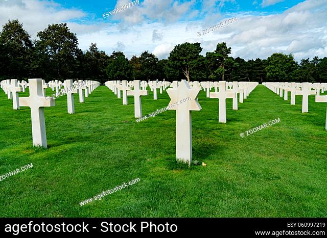 Colleville-sur-Mer, Calvados, Normandy / France - 16 August 2019: Christian and Jewish headstones in the American Cemetery at Omaha Beach in Normandy