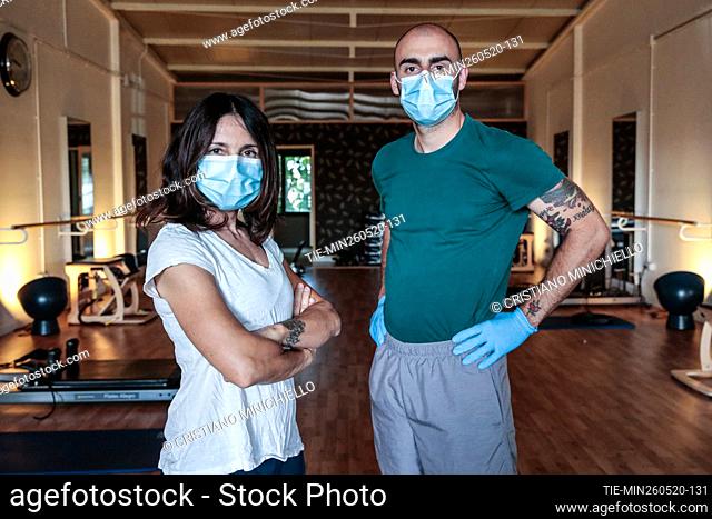 Trainers in a pilates gym reopened after the lockdown due Covid-19 emergency , Rome, ITALY-26-05-2020