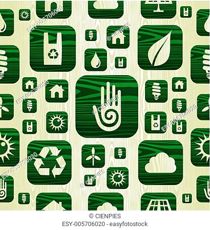 Environmental green icons pattern in organic wood