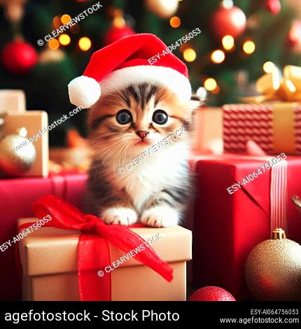 cute kitten wearing santa hat in the gifts and presents at christmas generative ai, cute kitten wearing santa hat in the gifts and presents at christmas...
