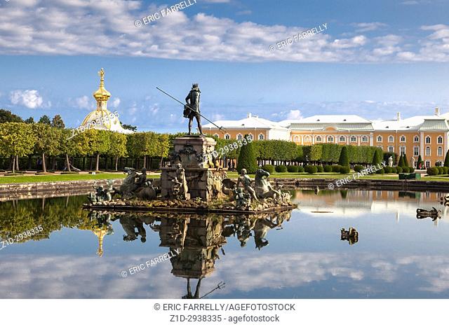 Neptune Fountain, Upper garden of Peterhof Palace. St. Petersburg, Russia