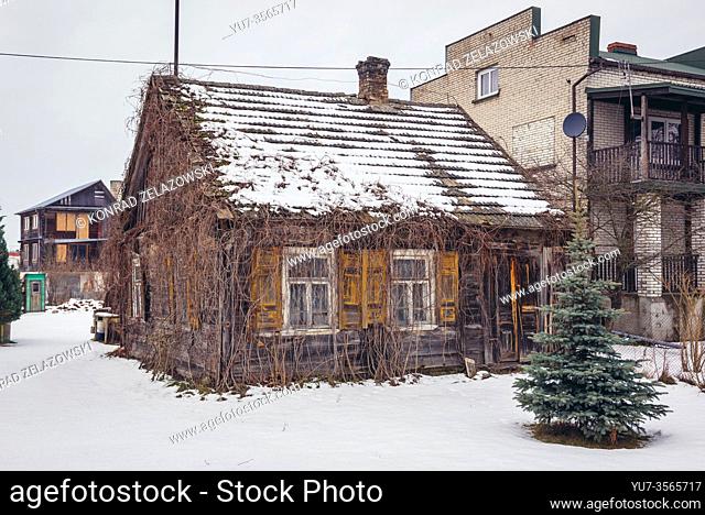 Old wooden house in Narew village, Hajnowka County in Podlaskie Voivodeship of northeastern Poland