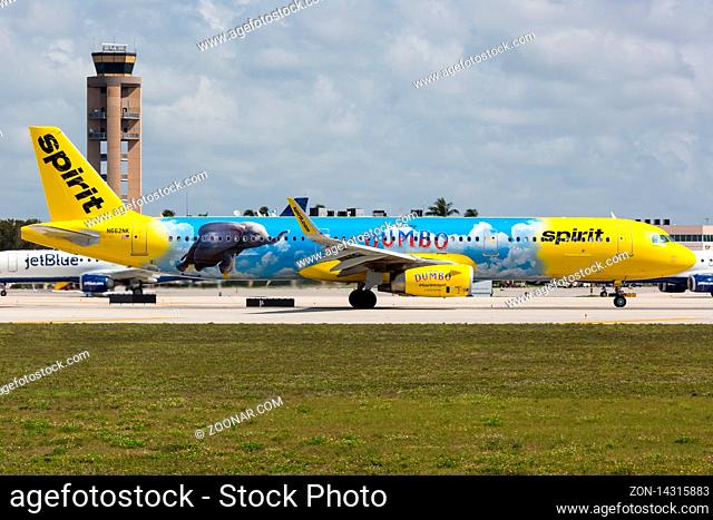 Fort Lauderdale, Florida ? April 6, 2019: Spirit Airlines Airbus A321 airplane at Fort Lauderdale airport (FLL) in the United States