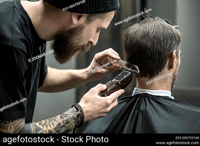 Incomparable barber with a beard and a tattoo is cutting the hair of his client in the black cape in the barbershop. He is using a cutting comb and a hair...