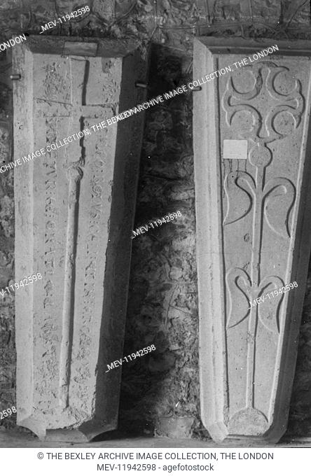 Lesness Abbey - Tomb Slabs found in Chapter House, 1915. The archeological excavations of Lesnes Abbey carried out by the Works Committee of the Woolwich...