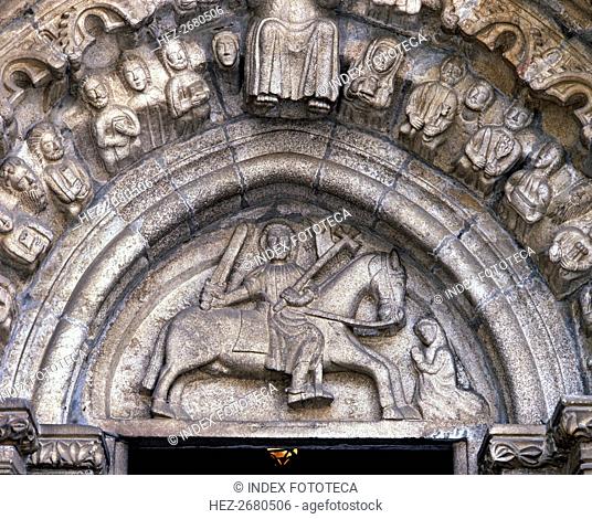 Detail of the tympanum with the image of Santiago on horseback at the Church of Santiago in Betan?