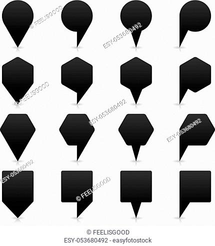 16 map pins sign location icon with gray shadow and reflection in flat style. Set 01 simple black shapes on white background