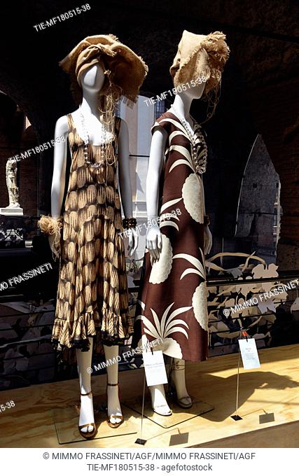 Exhibition ' L'Eleganza del Cibo. Tales about food & fashion 'clothes by Mariella Burani, 2000 and Krizia, 1970 Trajan's market, Rome, ITALY-18-05-2015