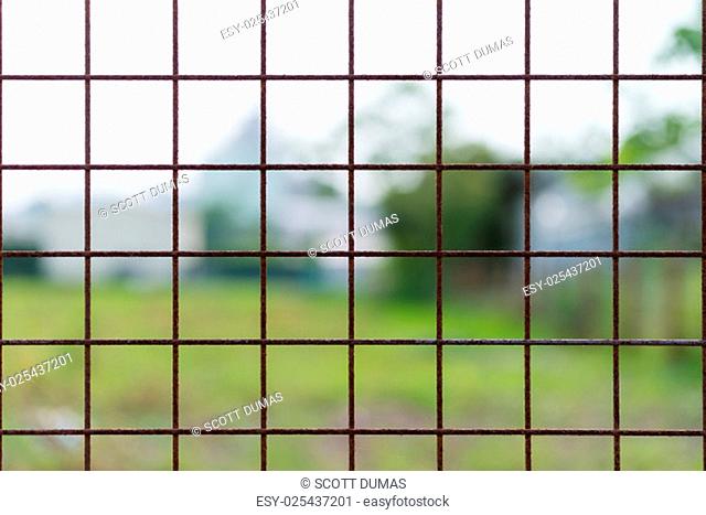A rusty wire fence forming a pattern of squares with a blurry nature background