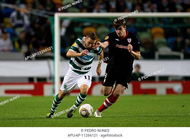 19 04 2012 Lisbon, Portugal - Diego Capel Sporting Clube Portugal Midfielder front and Jon Aurtenetxe Athletic Club Defender back during the match between...