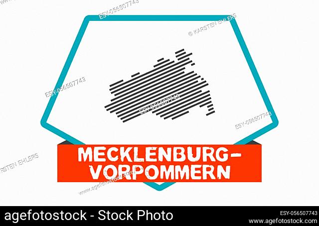 Button with blue frame and red banner showing striped map of german federal state Mecklenburg-Vorpommern
