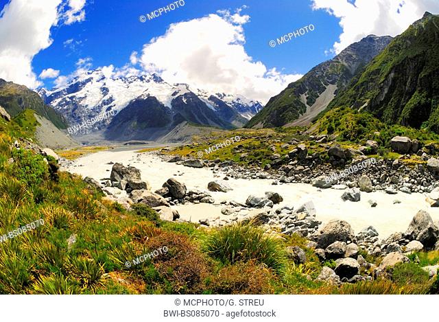 mountain scenery with Hooker River, Mount Sefton and Hooker Valley, New Zealand, South West, Mount Cook National Park, Canterbury