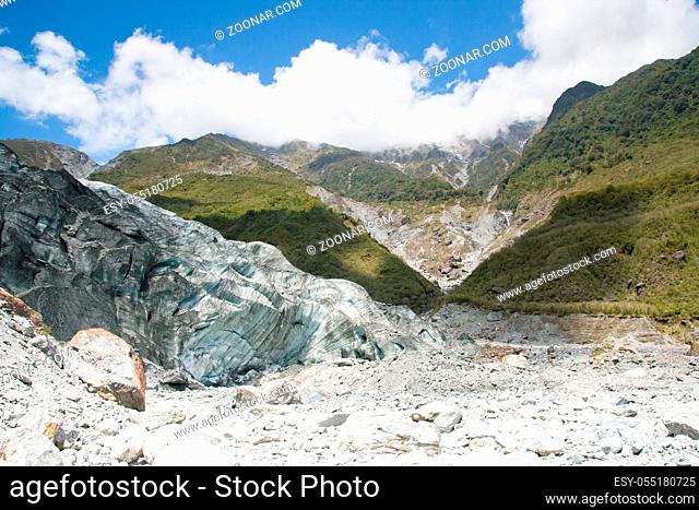 Fox Glacier and valley surrounds on a bright summer day in New Zealand
