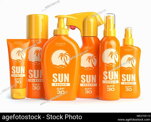 Sun screen cream, oil and lotion containers. Sun protection and suntan cosmetics isolated on white background. 3d illustration