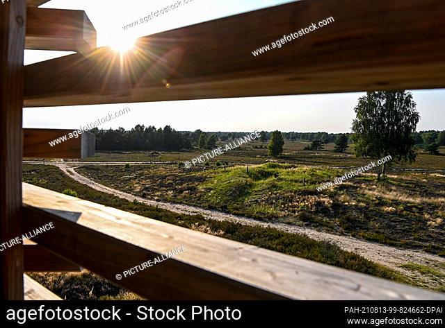 12 August 2021, Brandenburg, Pfalzheim: View through the wooden construction from the observation tower on the Sielmann Hill to the natural landscape of...