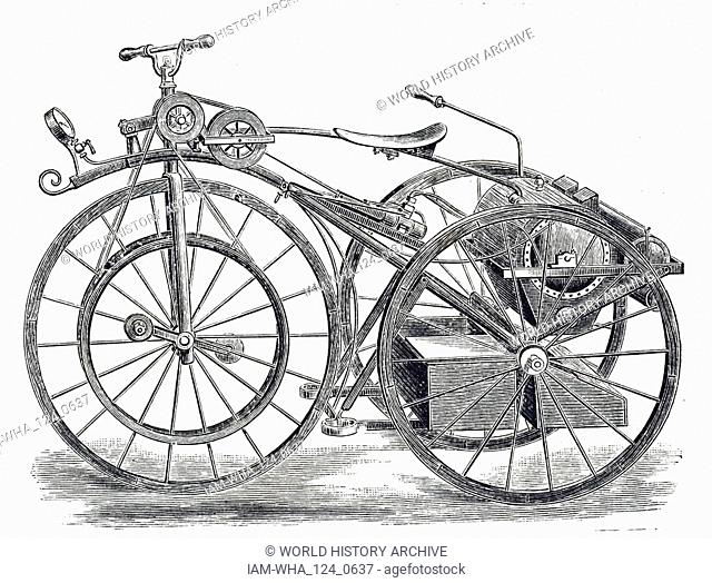 19th-century illustration showing Michaux-Perreaux's, steam velocipede; a steam-powered velocipede made in France sometime from 1867 to 1871