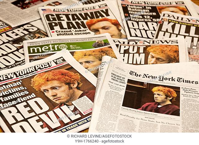 Several days of July 2012 New York daily newspapers report on the mass shooting during the screening of 'The Dark Knight Rises' in a theater in Aurora, Colorado