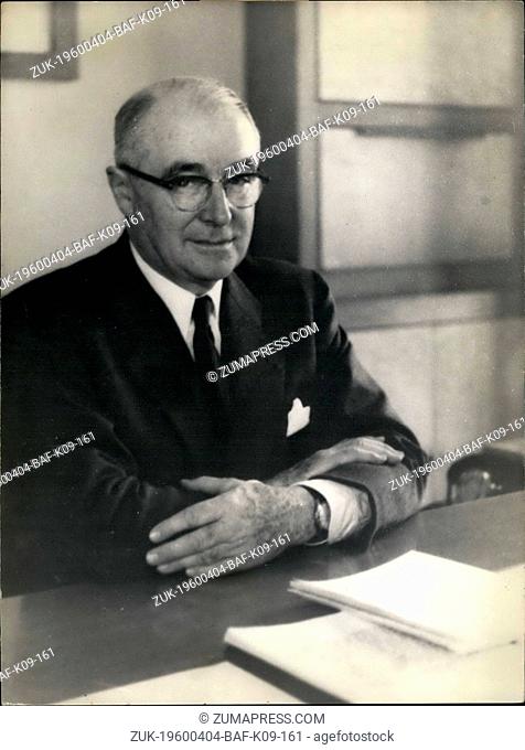 Apr. 04, 1960 - Kidnapped Boy Found. OPS:- M. Jean-Pierre Peugeot, grandfather, Chief of the Peugeot car manufacturer family smiling happily in his office