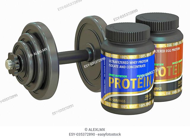 dumbbell and jars of protein, 3D rendering