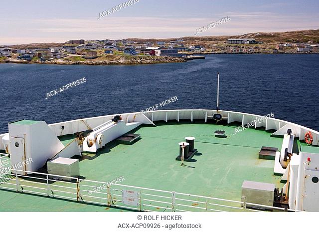 The bow of the Marine Atlantic Ferry, the M/V Caribou as it arrives into Port aux Basques, Newfoundland from North Sydney, Nova Scotia, Canada