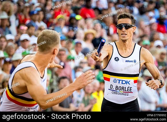 Belgian Julien Watrin and Belgian Dylan Borlee pictured in action during the final of the men's 4x400m relay race, at the 19th IAAF World Athletics...