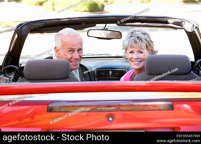 road trip, couple, convertible, older couple