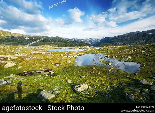 Beautiful Norwegian Mountains and Blue Deep Lake. Nature of Norway. Travel and Hiking. Amazing Scenic View. Nobody. Scandinavia