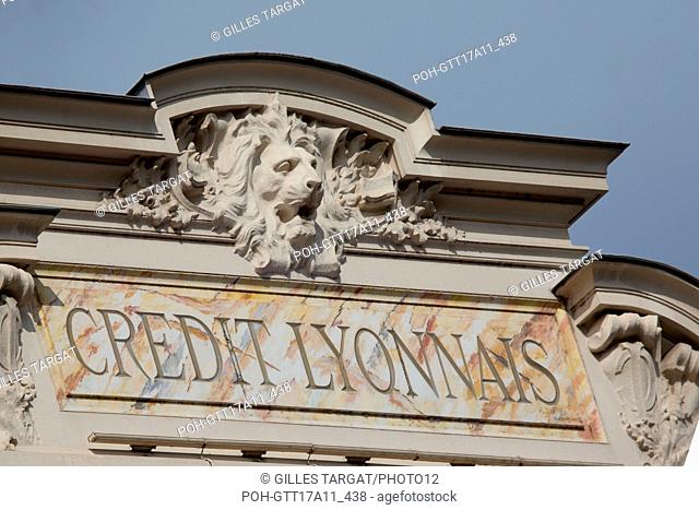 France, Lyon, Rue de la République, Siège du Crédit Lyonnais, bank, lion, pediment, Photo Gilles Targat